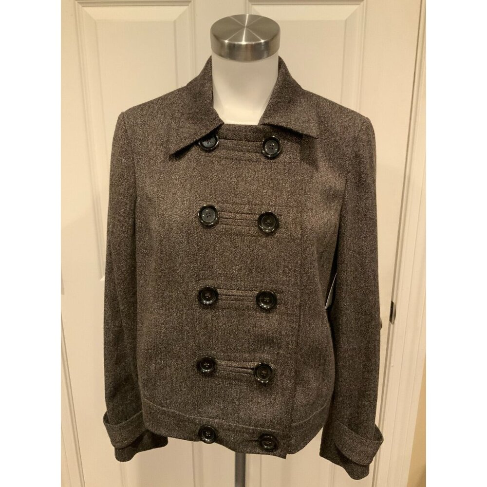 Michael Kors Brown Micro Herringbone Double Breasted Collared Coat, Size L